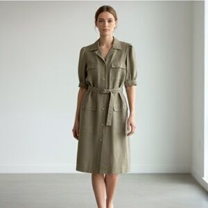 Vintage Guy Laroche green linen belted midi shirt dress - size 38 (Medium)